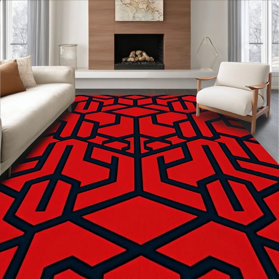 ODIKA 4'x6' Machine Washable Non-Slip Area Rug, Luxurious Hexagonal Honeycomb Trellis Abstract Modern Artistic Grid High Traffic Rug, Red, 590140