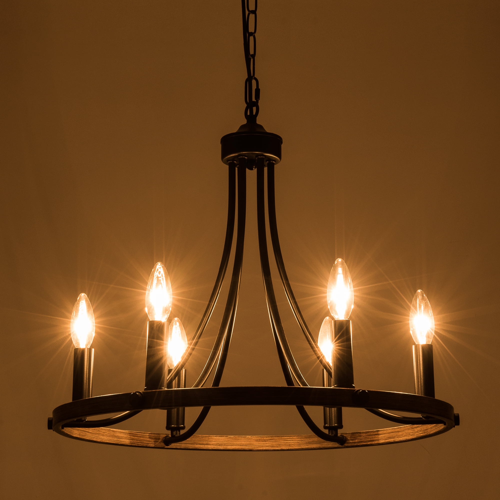 US HOME GOODS 6-Light Black Wheel Chandelier, Farmhouse Flush Mount Ceiling Light Fixture for Living&Dining Room Foyer Entryway, Metal Vintage Candle Pendant Lighting for Bedroom Hallway Kitchen