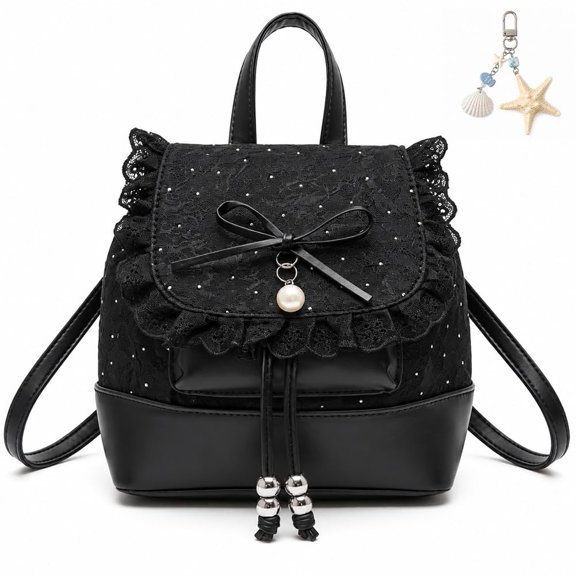 Lace Backpack for Women, Polka Dot Mini Rucksack with Bows, PU Leather Cute Daypack with Adjustable Straps for Dating