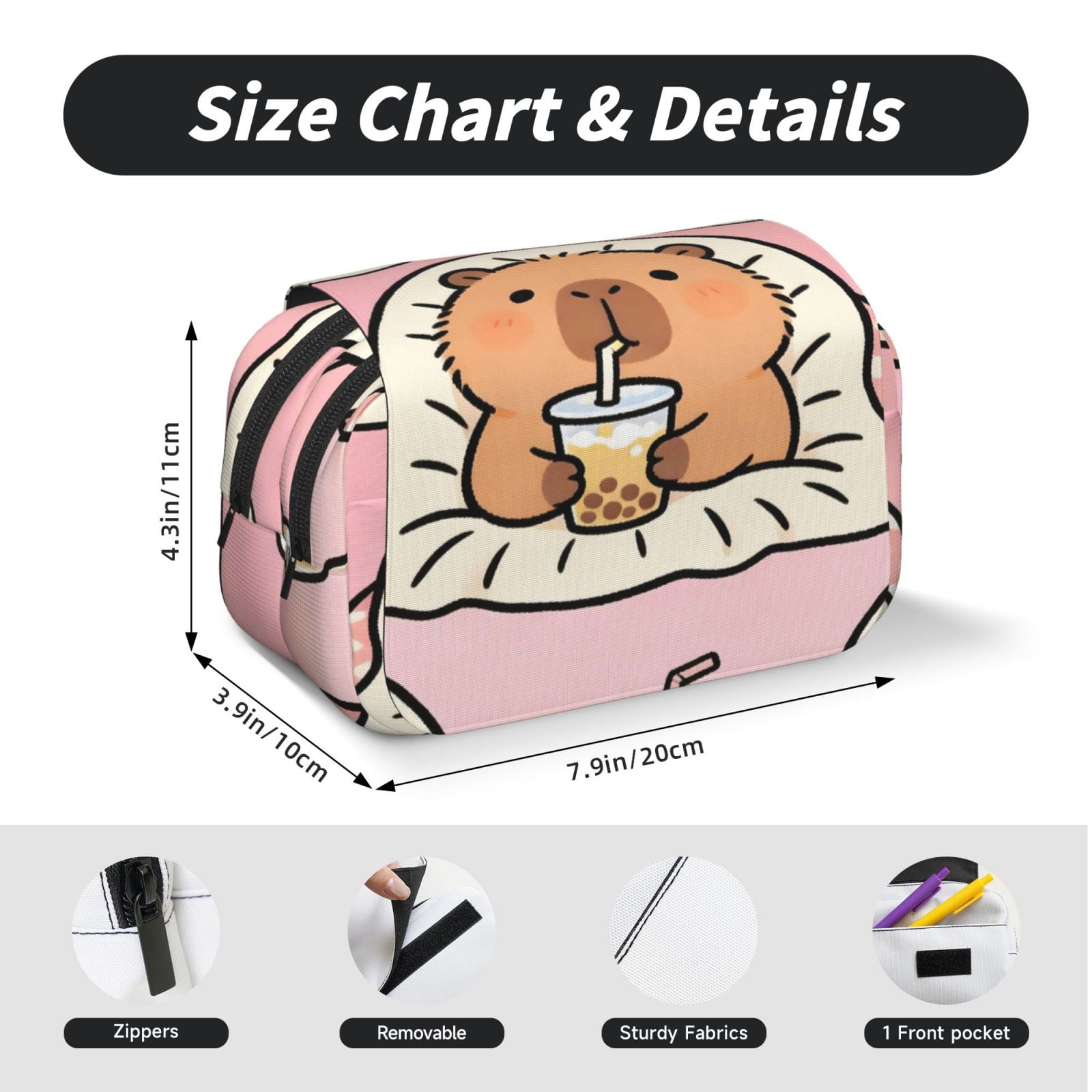Large-Capacity Flip-Top Double-Layer Pencil Case, Multi-Functional Pocket Pen Case, Durable Stationery Organizer Capybara Lounging While Sipping Bubble Tea