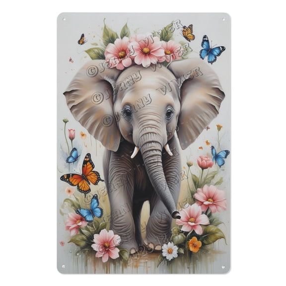 Rustic Flower Elephant Wall Sign – Metal Jungle Nursery Art for Baby Girls, Safari Room Decor, Gift for Moms, Teachers, and Animal Lovers 8x12 inch