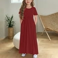 thumbnail image 2 of Kovlvoll Children's Girl Dress Solid Color Short Sleeve Round-Neck Loose Casual Long Dresses with Pockets, 2 of 5