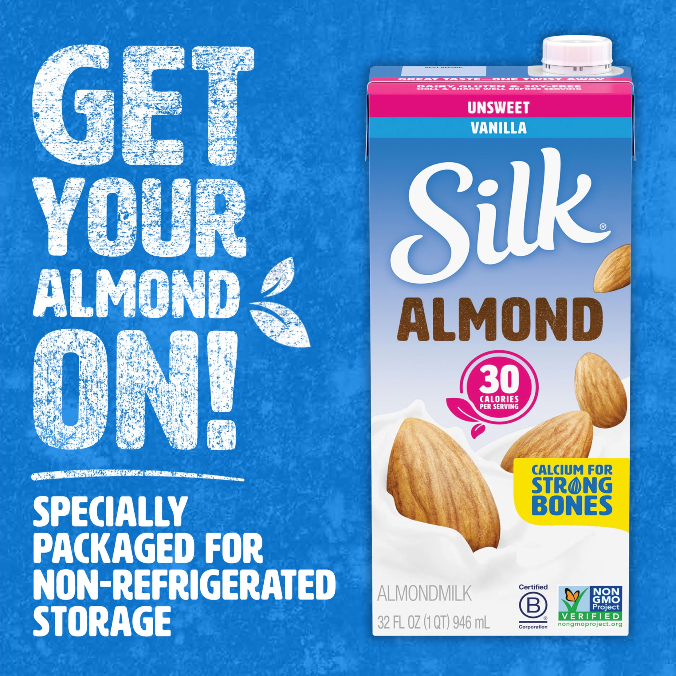 (3 pack) Silk Shelf-Stable Unsweetened Vanilla Almond Milk, 1 Quart