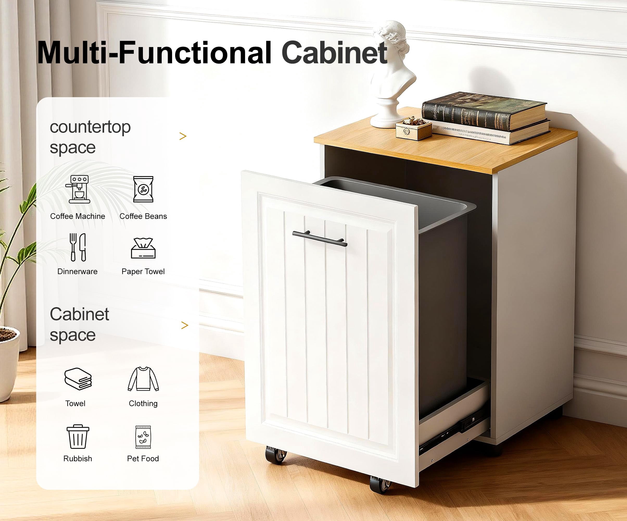 FEXIA Pull Out Trash Can Cabinet for 10 Gallon Bin, Pet Proof Hidden Kitchen Waste Bin, Freestanding Wooden Garbage & Recycling Cabinet for Kitchen, Laundry Room, Living Room