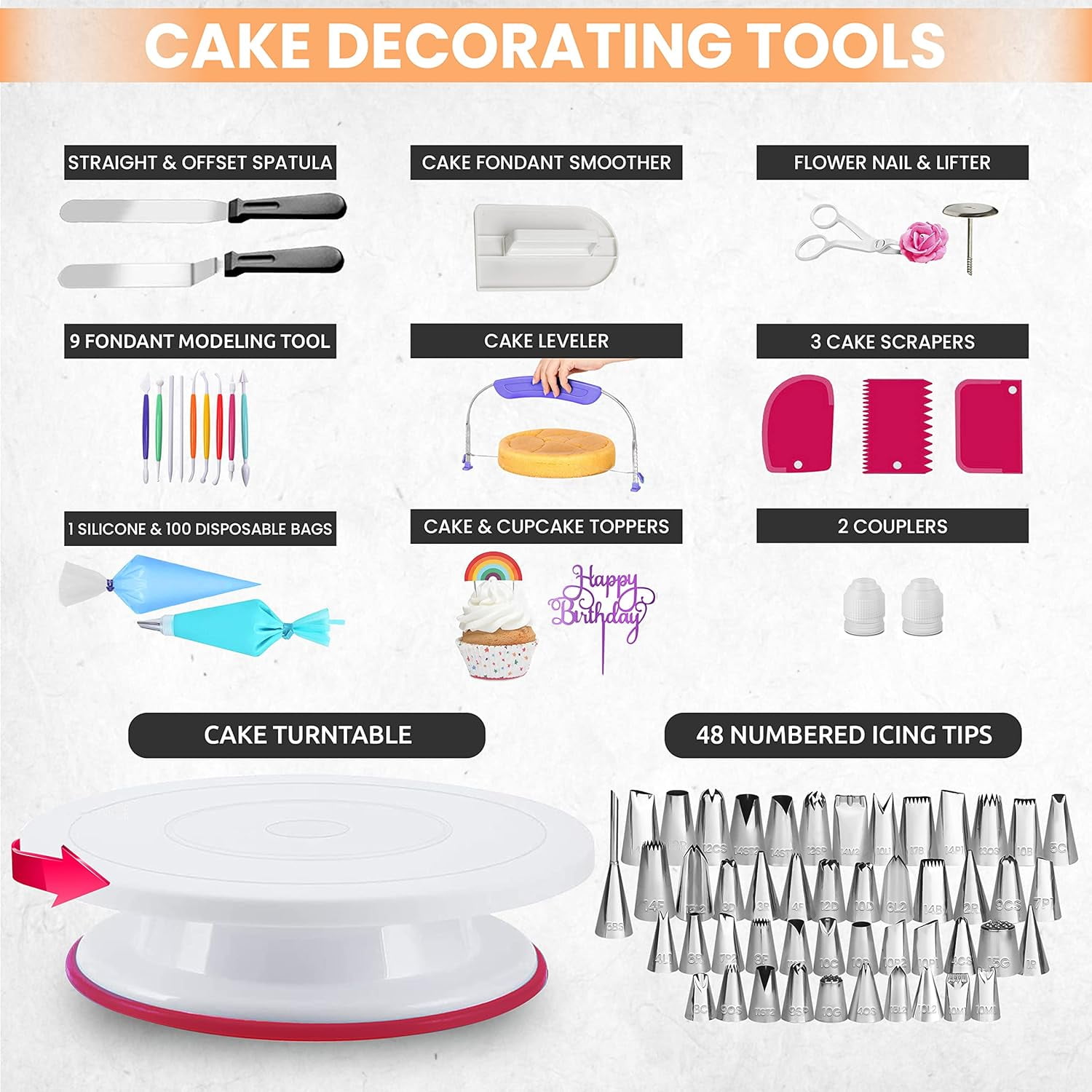 RFAQK 360 Pcs Cake Decorating Supplies Cake Decorating Kit with 3 Springform Cake Pans Set Cake Rotating Turntable Cake Decorating Tools with Baking Set Cake Baking Supplies for Beginners and Lovers W...