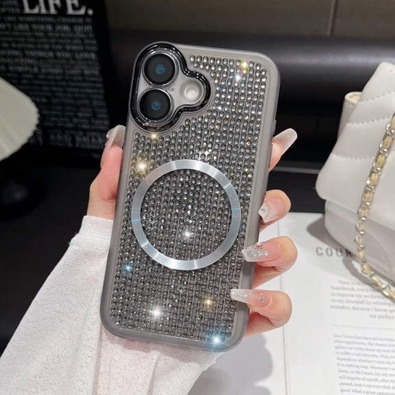 Allytechgroup For iPhone 16 Plus Case with Magnetic, Luxury Sparkly Diamond Rhinestones with Wrist Strap Chain Women Girls Shockproof Bumper Protective Cover For iPhone 16 Plus, Gray