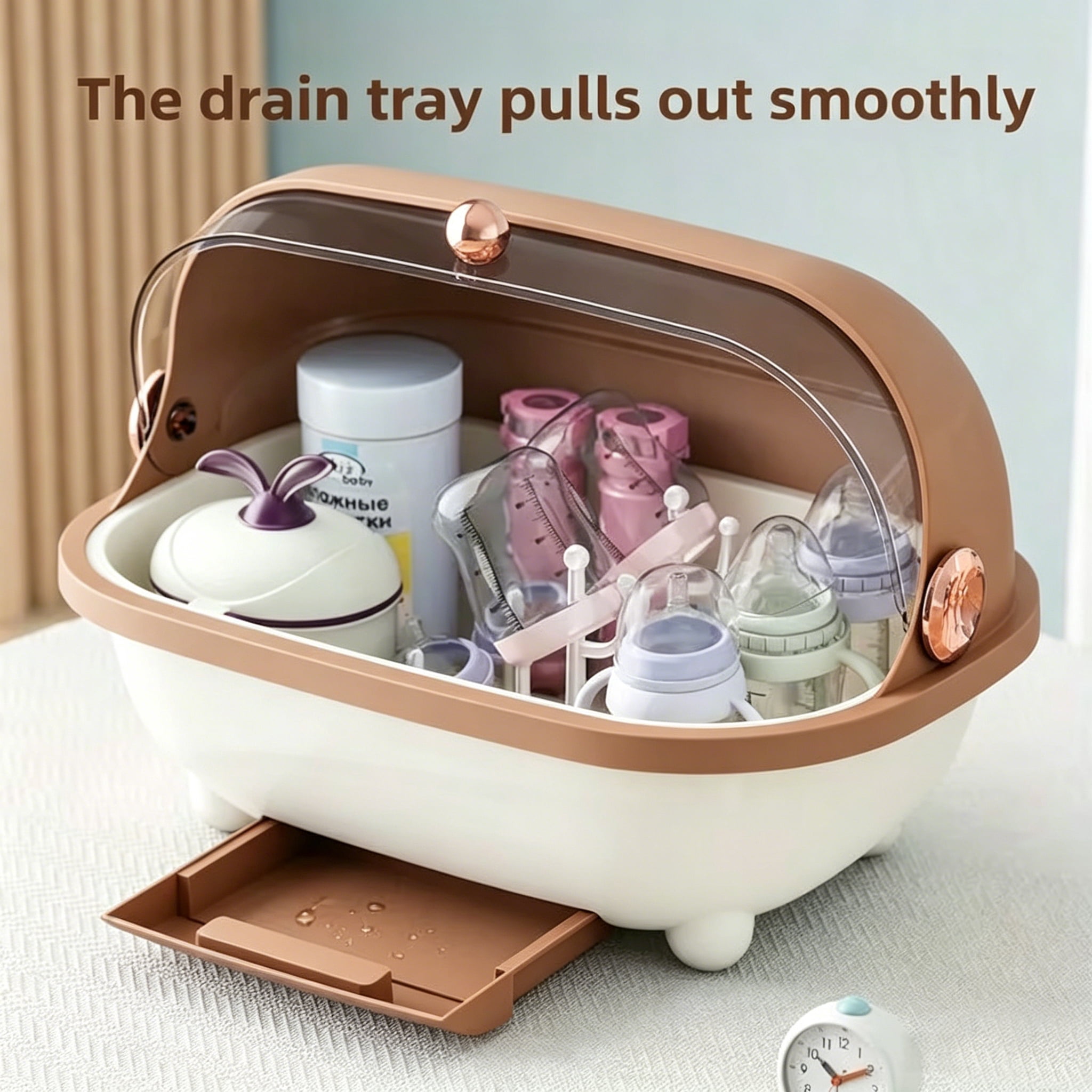 Soluxeo Baby Bottle Drying Rack Storage, Baby Bottle Organizer with Cover ＆ Removable Drain Tray, Dustproof Portable Kitchen Cabinet Organizer, Countertop Dryer