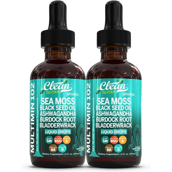 Clean Nutraceuticals Sea Moss Drops Supplement Liquid with Black Seed Oil Ashwagandha Burdock Root & Bladderwrack - Multimineral Organic Non-GMO Vegan for Gut Heath Skin Immune Support Hair (2)