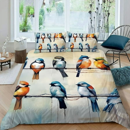 PRATYUS Colorful Birds 3-Piece Bedding Set with Zipper Closure, Single Sided Printing, Peach Skin Fabric, Bedroom and Guest Room Decor, Machine Washable 87x68in