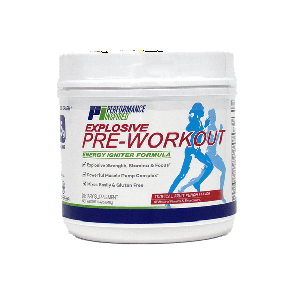 Performance Inspired Nutrition - Pre-Workout Powder - All Natural - G-Free & Vegan Formula - Nitrosigine - Green Tea - Arginine - Beta Alanine - Tropical Fruit Punch - 32 Servings
