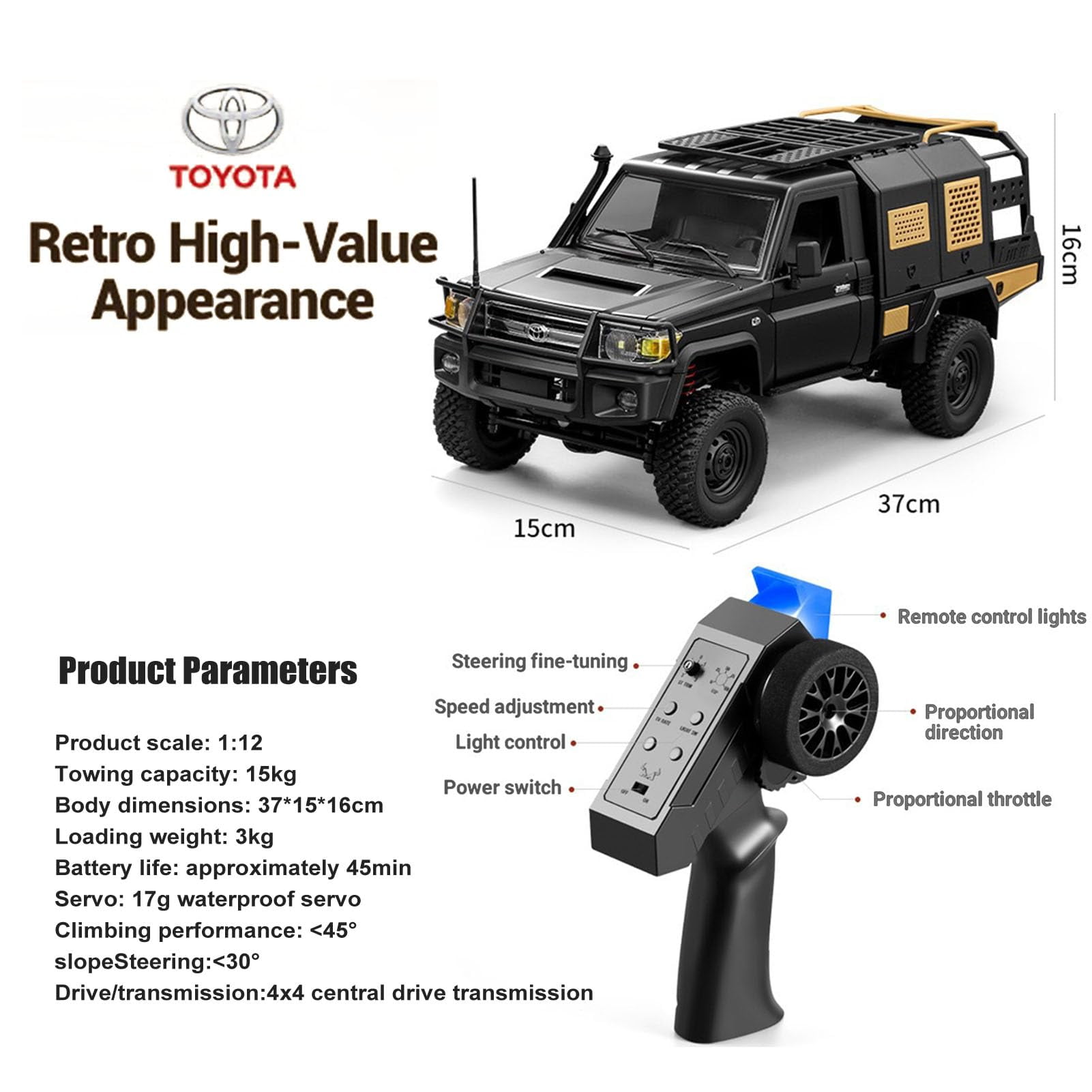 MN82S 1/12 Scale RC Rock Crawler Truck, 4WD Off-Road Remote Control Car with LED Lights, 2-Speed 2.4GHz Proportional Control, All Terrain RTR Hobby Toy for Adults