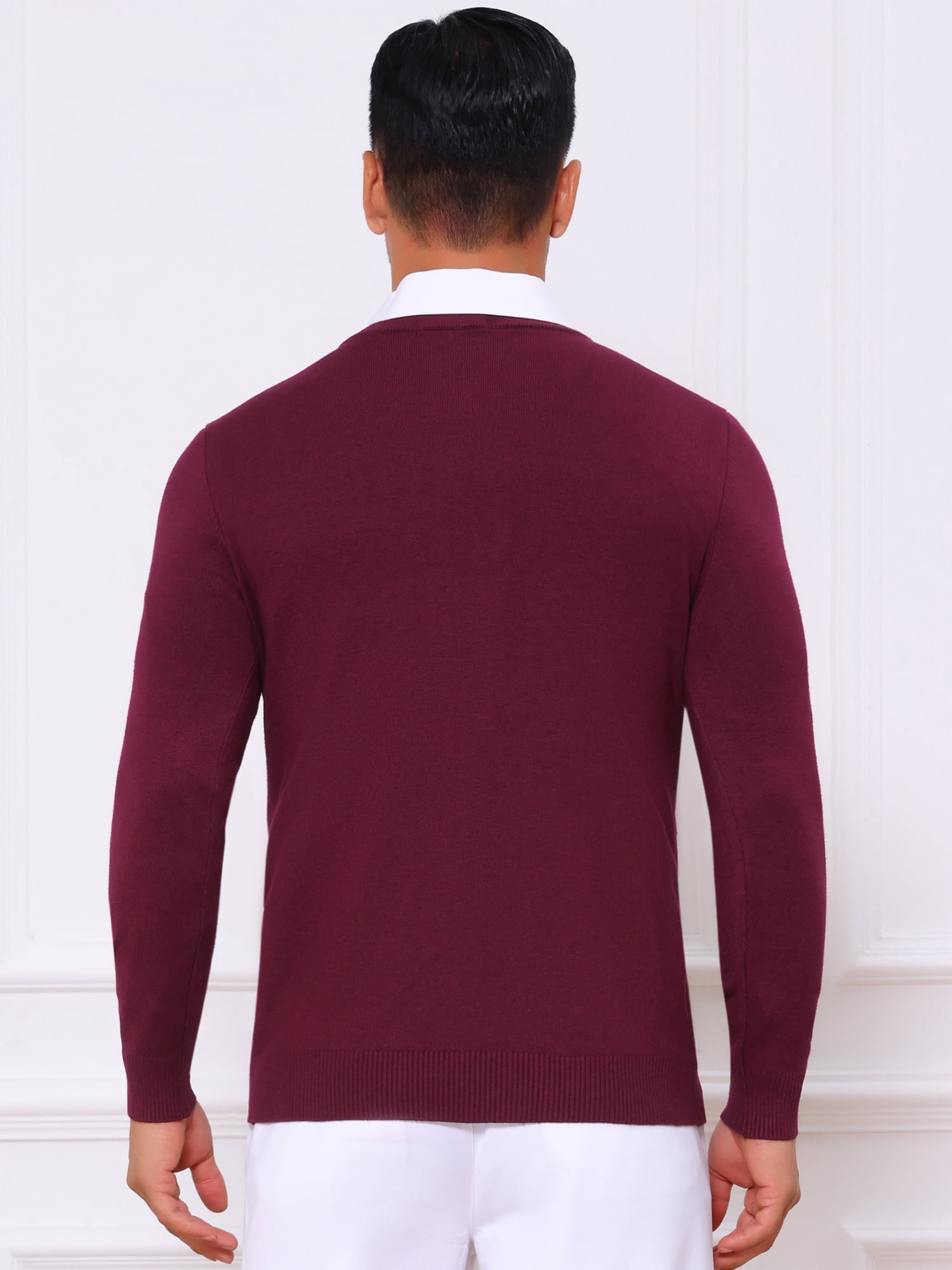 DARING DIVA Men's Long Sleeve V-Neck Solid Knitted Pullover Sweater L Burgundy