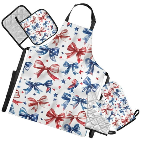 Ryvnso Bows with Stars Kitchen Apron Oven Mitts Set Pot Holders