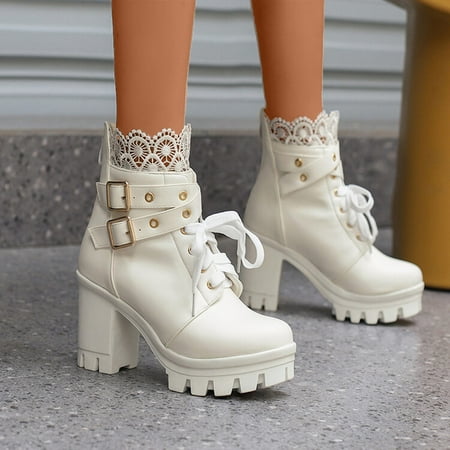 

Aayomet Woman Boots Leather Lace Decorative Belt Buckle Back Zipper Thick High Heel Short Boots (White 8.5)