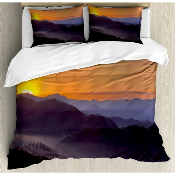 Appalachian Duvet Cover Set Queen Size, Panoramic Photo of Sun Rising over Misty Mountains, Decorative 3 Piece Bedding Set with 2 Pillow Shams, Pale Orange Purpleblue Charcoal Grey, by Ambesonne