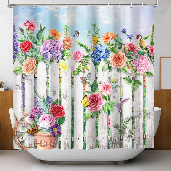 Colorful Flower Shower Curtain Modern Farmhouse Shower Curtains for Bathroom Gray Wood Bird Bathroom Shower Curtain Waterproof Fabric Shower Curtains Set with 12 Hooks 72×72