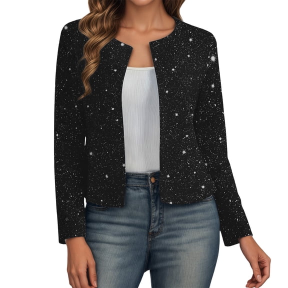 Women 2026 Fall Jacket Metallic Sequin Print Long Sleeve Cardigan Open Front Slim Blazer Outwears Coats Black
