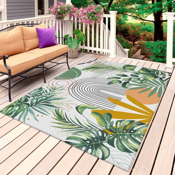Tropical Summer Outdoor Rug 5x7 Ft, Non Slip Washable Area Rug, Boho Palm Leaves Botanical Watercolor Patio Rugs Carpet Runner, Large Floor Mat for Indoor/Outdoor Deck Porch Camping