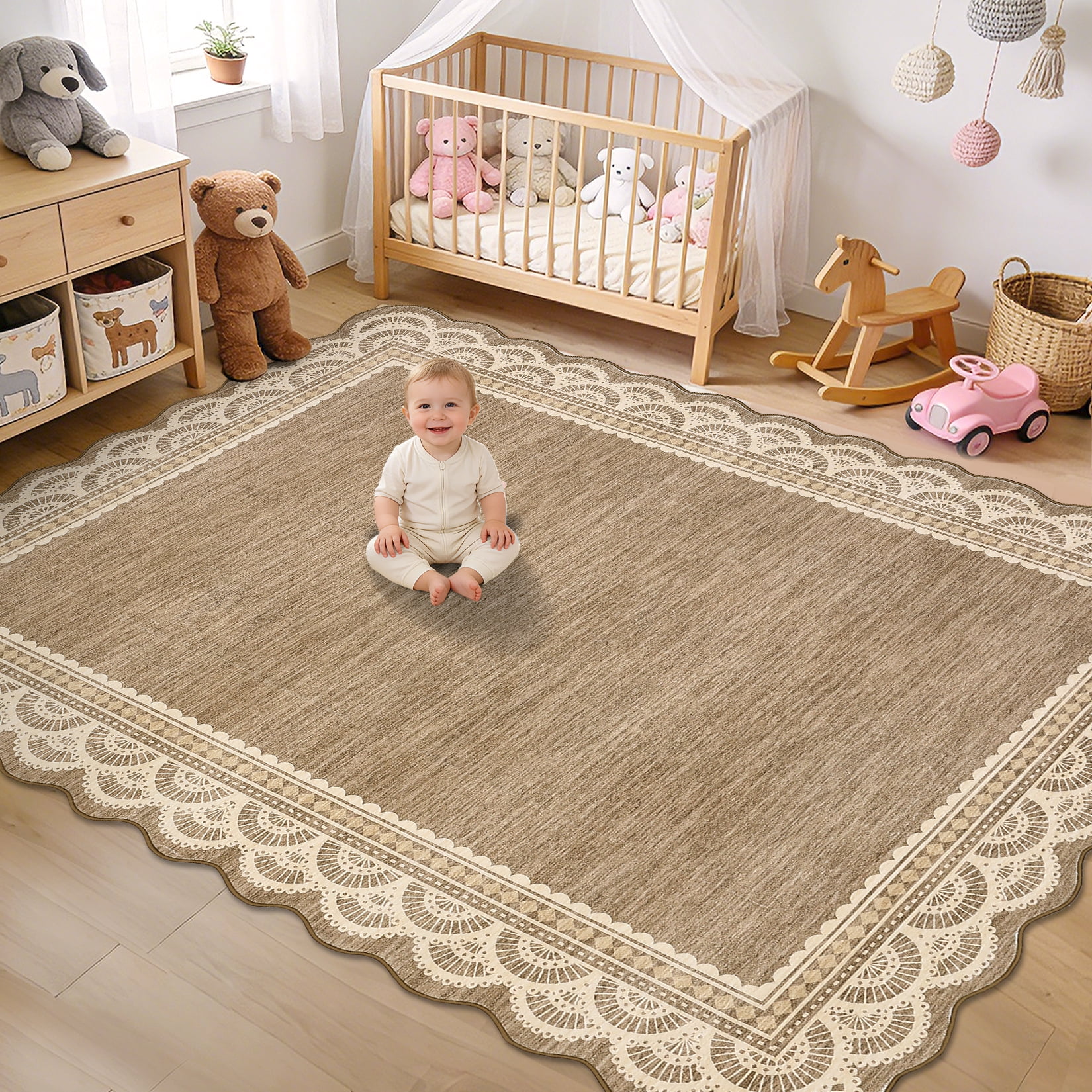Garvee 9'x12' Scalloped Area Rug Modern Lace Edge Carpet, Washable Solid Rug Non-Slip Low Pile Indoor Mats for Living Room Bedroom Home Decor, Brown