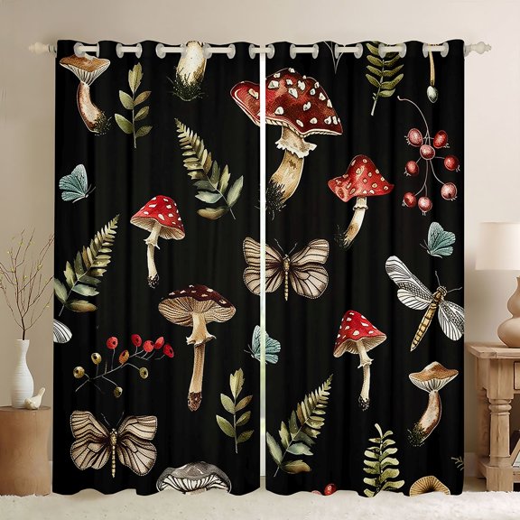 Homewish Boho Plant Mushrooms Kitchen Curtains,Floral Butterflies Dragonflies Black Out Curtains Pack of 2 (42x63 Each)