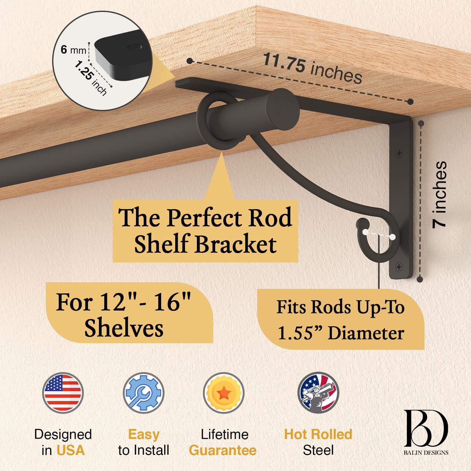 Closet Rod Bracket, Hook Shelf Bracket Heavy Duty Wall Mounted, Black Closet Rod Support Brackets for Curtains, Hanging Hook Kitchen, Shelf Supports (2 Pack) (Black Double, 12 Inch)