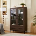 thumbnail image 4 of 60'' Tall Display Cabinet with Tempered Glass Door, LED Lighting, Two Drawers, Modern Style Storage Cabinet  for Living Room, Office & Study, Walnut, 4 of 10