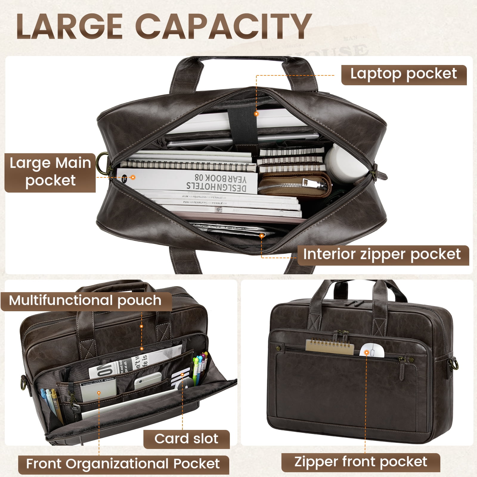 RAINSMORE Messenger Bag for Men 16 Inch Laptop Bag Leather Briefcase Vintage Crossbody Shoulder Office Computer Bag Retro College Satchel Bag for Work, Business, Coffee