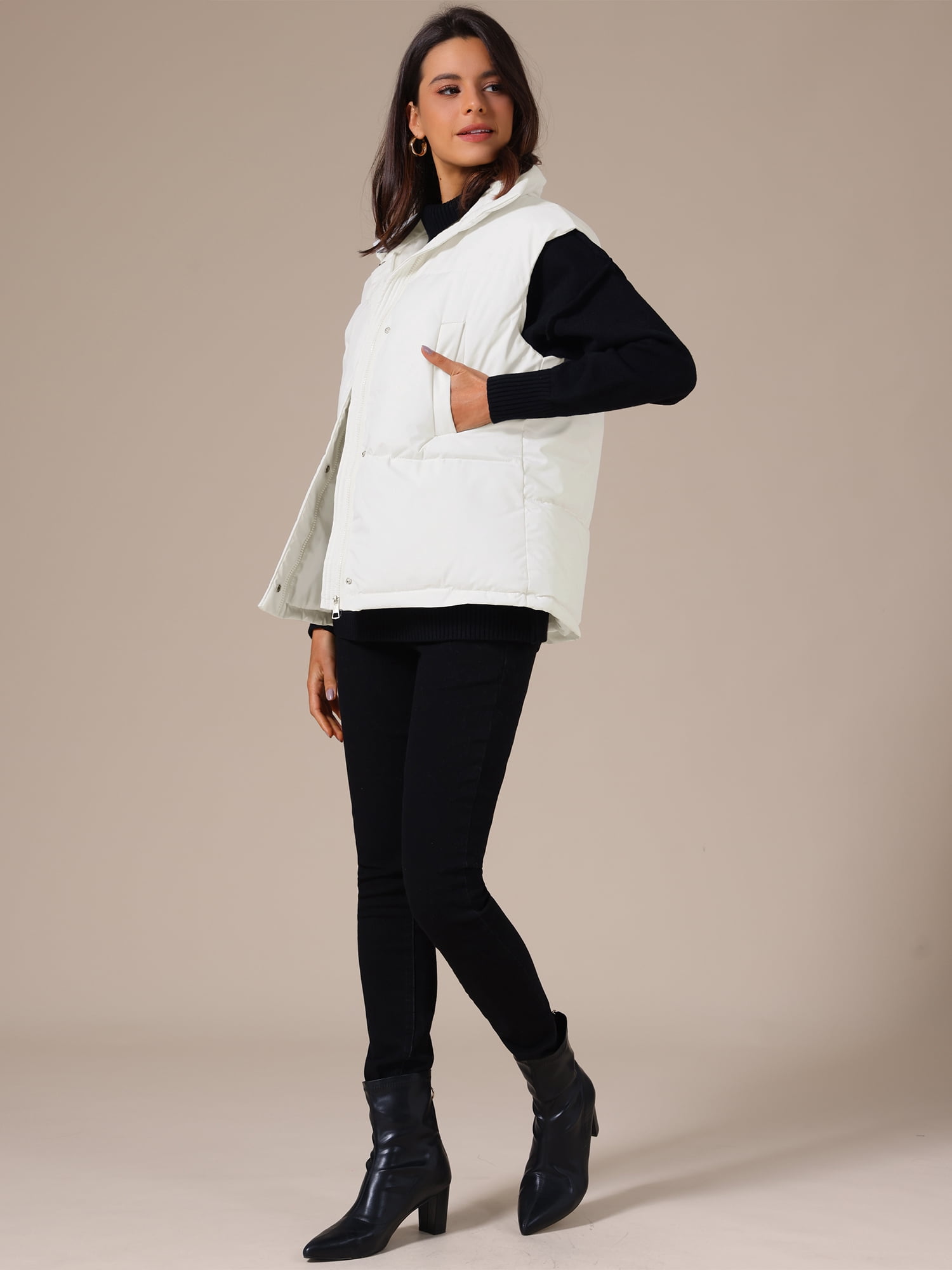 DARING DIVA Women's Puffer Vest Stand Collar Sleeveless Lightweight Jacket XL White