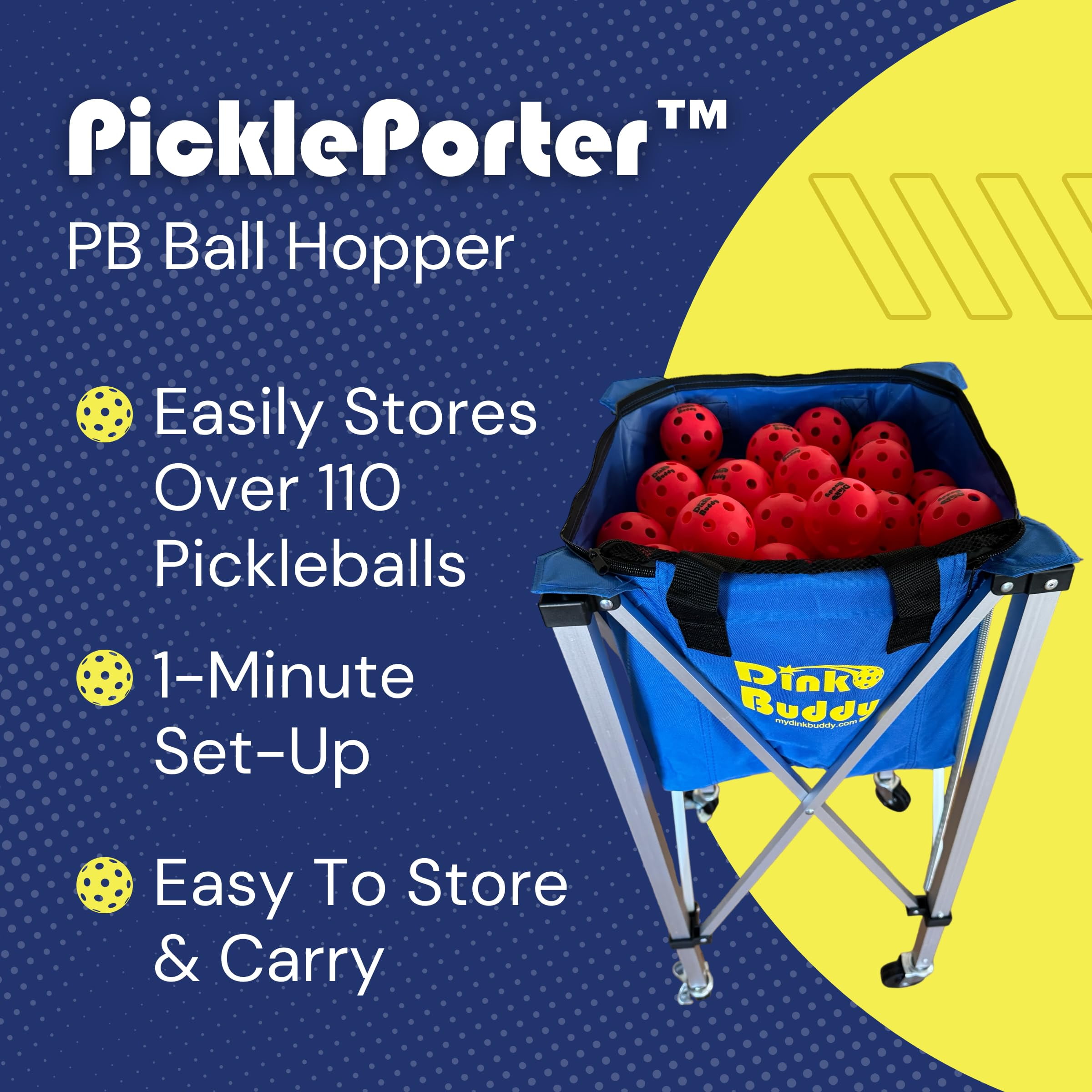 Dink Buddy Pickleball Hopper with Wheels – Portable Ball Caddy – Pickleball Basket holds 110 Balls – Tennis Hopper with Wheels