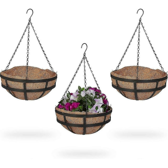 Hanging flower basket 3 baskets, coconut insert, HxD: 50x31 cm, hanging plants, indoor & outdoor, metal frame, brown/black