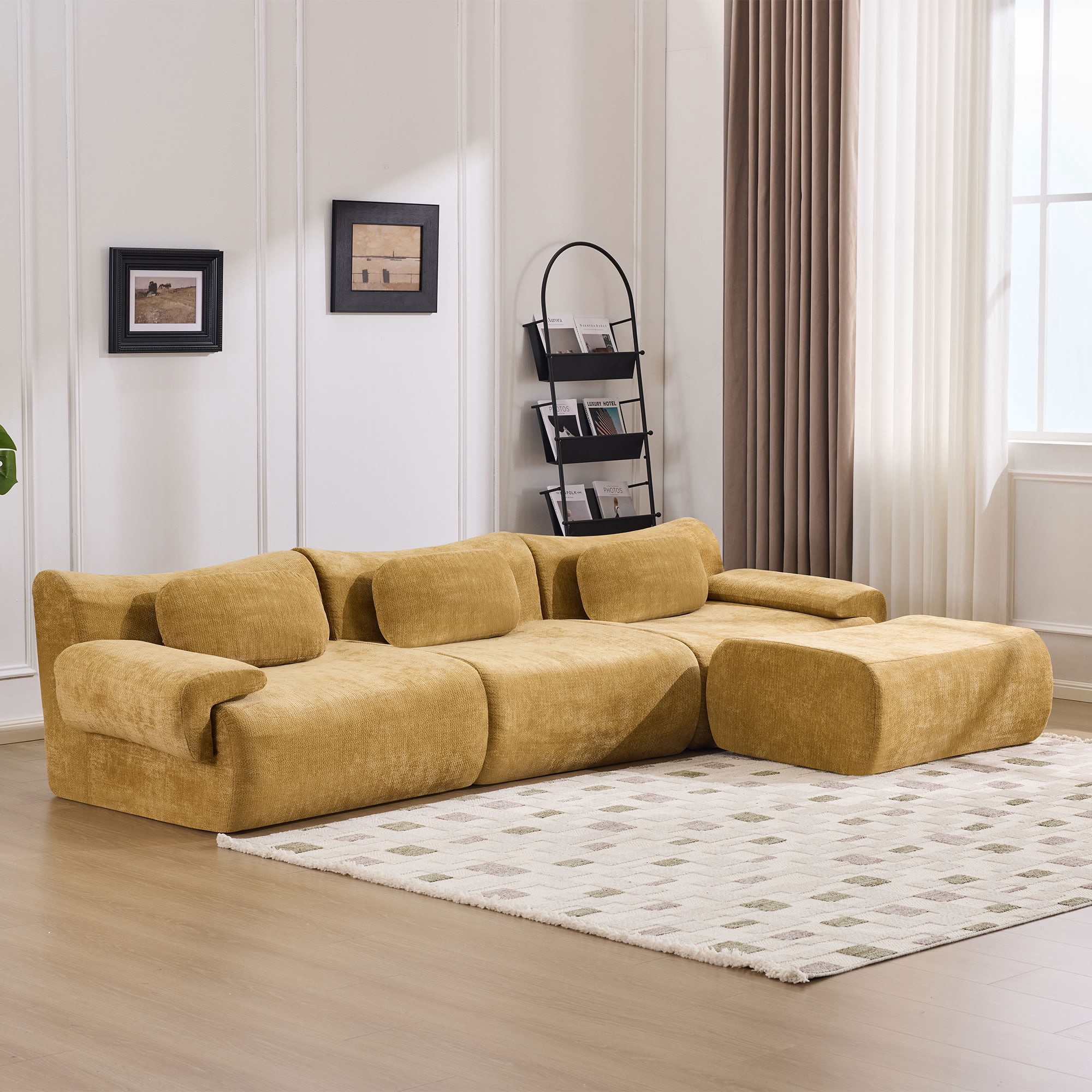 MAYEERTY 3+1 Seat Modular L-Shaped Sectional Sofa with Ottoman, Chenille Upholstered Deep Seat Couch with 3 Throw Pillows, No Assembly for Living Room Bedroom Apartment Small Spaces