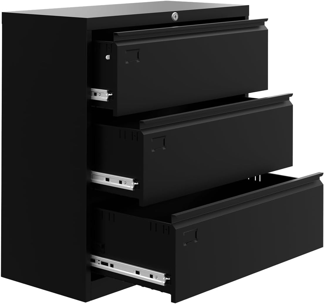 3 Drawer Lateral File Cabinet with Lock, Heavy Duty Steel Office Storage for Letter/Legal/A4 Documents, Easy Assembly Space-Saving Design - Black