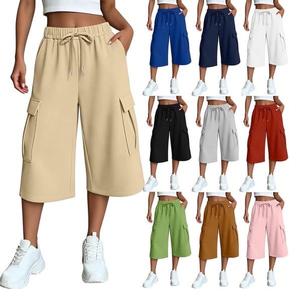 Oksale Capri Cargo Pants Womens Wide Leg Capris with Pockets Casual Elastic Drawstring Waist Cropped Trousers Loose Comfy Summer Clothing Pink M