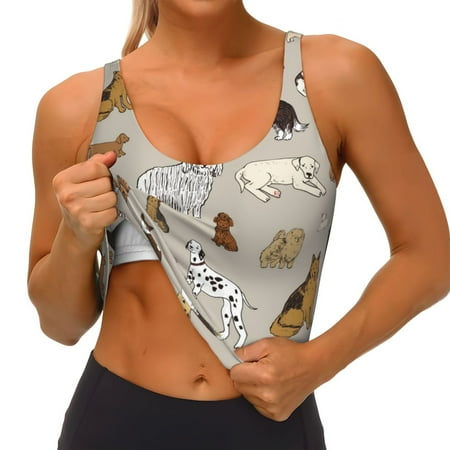 Qokaie Dog Animal Pattern Womens Scoop Neck Sports Bra Breathable Workout Vest Padded U Back Medium Impact Fitness Gym Yoga Bra Workout Crop Top