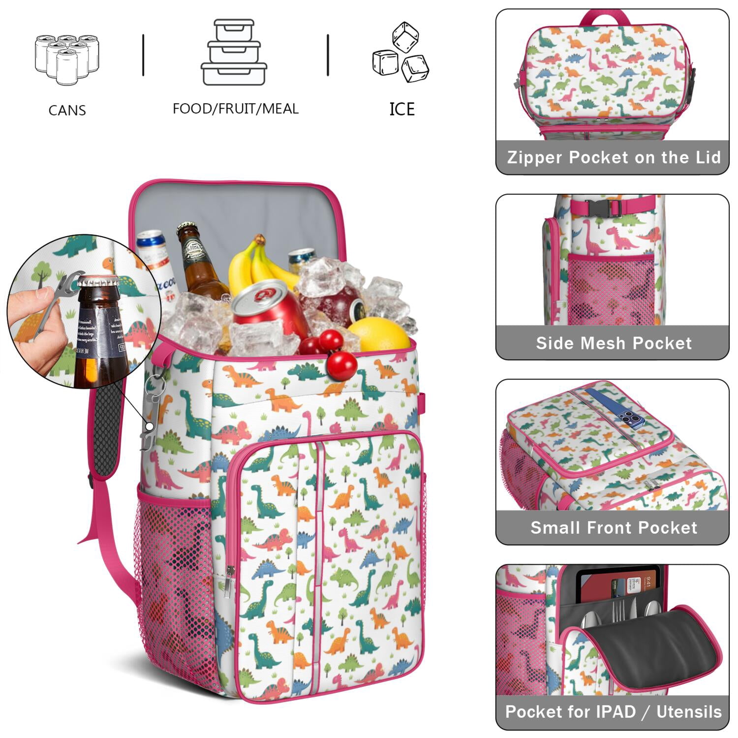 Travel Cooler Bag - White Cartoon Dinosaurs Trees Pattern Camping Beer Cooler Backpack with Bottle Opener- Waterproof Insulated Picnic Backpacks - Cooler Bag for Beach