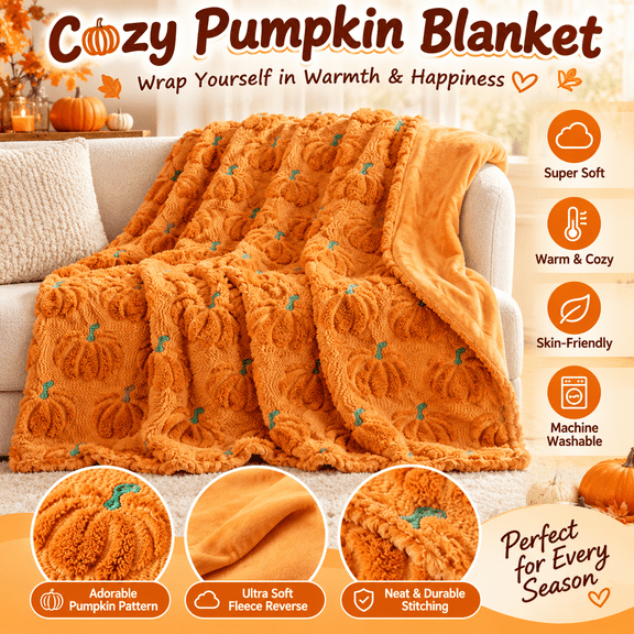 Cloud Soft Double Layer Pumpkin Throw Blanket, 3D Embossed Jack O Lantern Fleece Blanket for Fall Halloween Living Room Display (Orange,130×150cm)