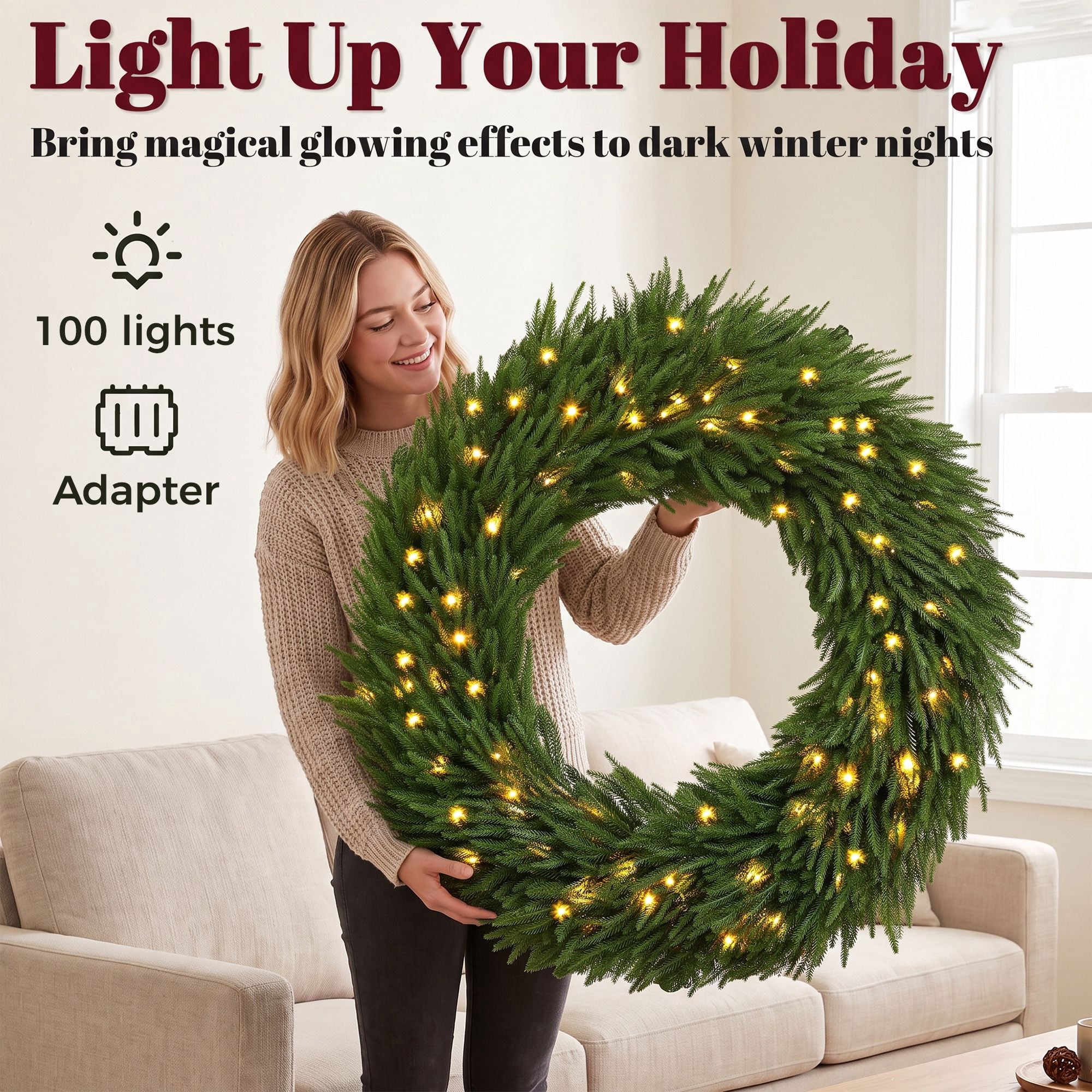 Pre-Lit Artificial Christmas Wreath, 36 in Norfolk Pine Design with 100 Warm White LED Lights, 560 Branch Tips, Indoor and Covered Outdoor Holiday Door Decor