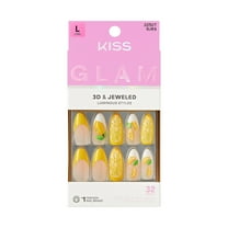 KISS GLAM 3D & Jewel Press On Nails  Almond, ‘Cherish the Moment’, Yellow, Long, 32 Count