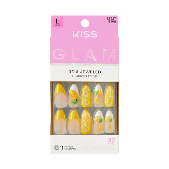KISS GLAM 3D & Jewel Press On Nails Almond, ‘Cherish the Moment’, Yellow, Long, 32 Count