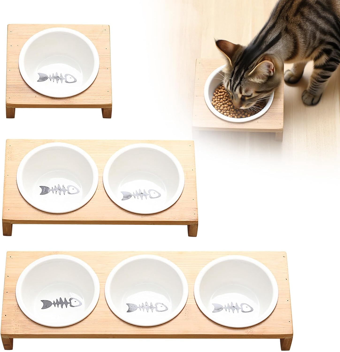 3 Bowls Cute Ceramic Pet Dish, Durable Elevated Dog Bowl, Slanted for Digestion, Anti-Slip Cat Food Bowl with Stand for Cats Dogs Small Pets Easy to Indoor Water (White) P