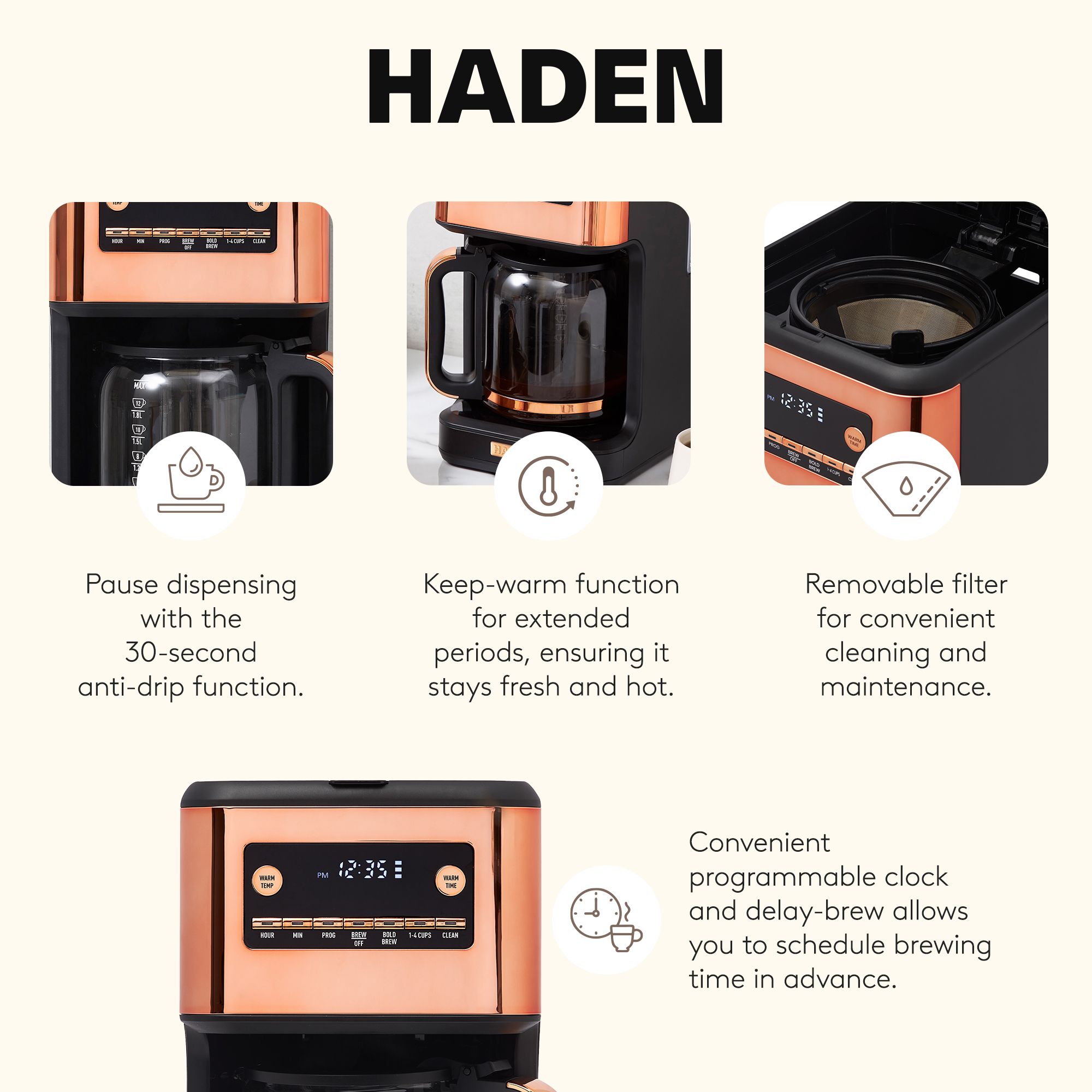 Haden Generous Brew 14 Cup Programmable Digital Coffee Maker, Black/Copper