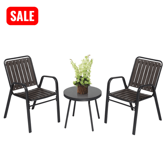 Tcbosik 3-Piece Outdoor Bistro Table Set, 19.7" Small Round Table, 2 Stackable Armchairs, Patio Conversation Set for Backyard, Poolside, Balcony, Porch, Black