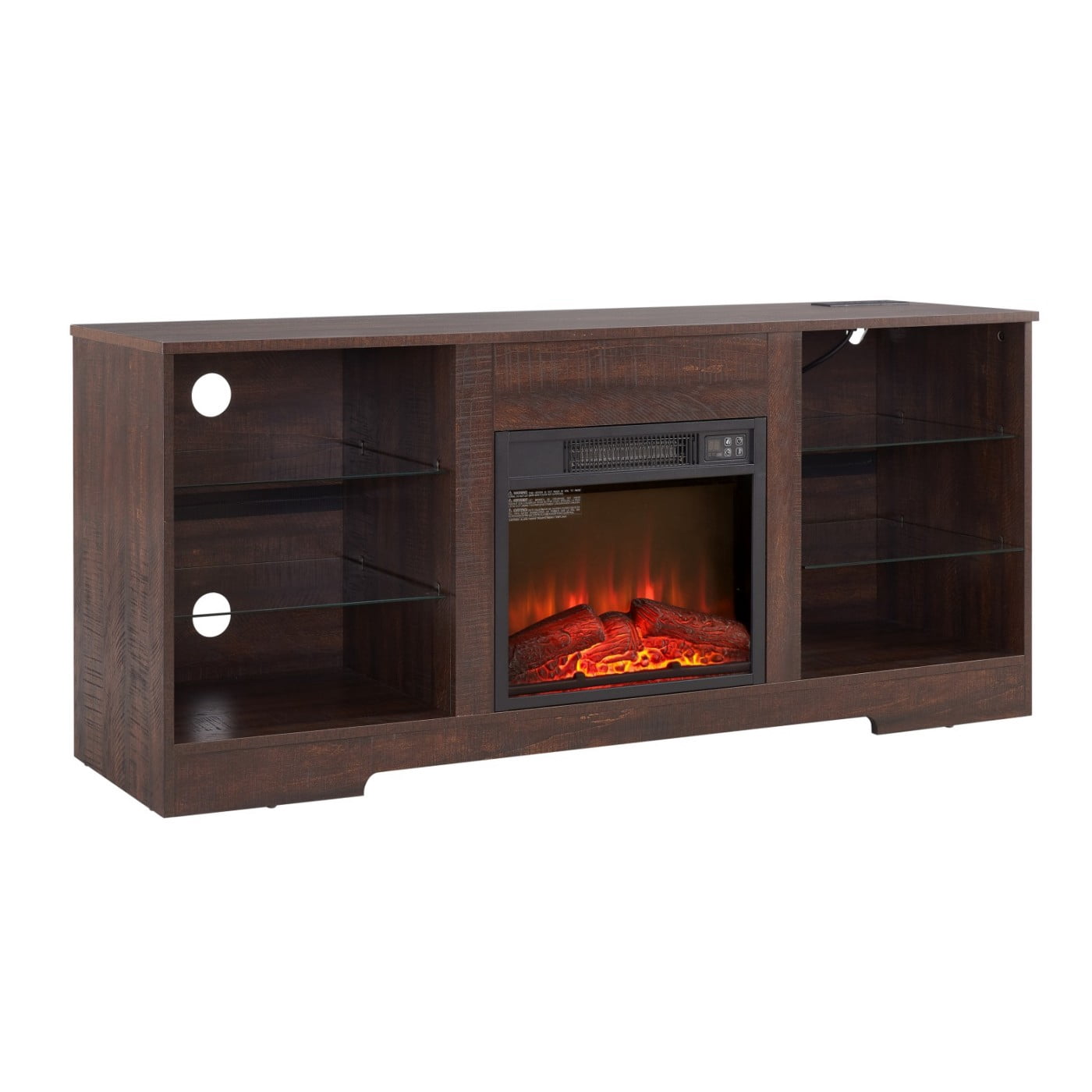 Electric Fireplace TV Stand for 65 Inch TV, 58" Modern Entertainment Center with LED Lights & Glass Shelves, 3D Flame Media Console with Storage Cabinet USB Charging Outlet, Espresso