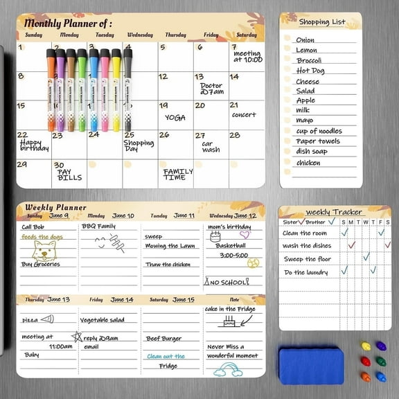 Marsrock On Sale (4-Boards)17" x 11" Yellow Magnetic Calendar Refrigerator Planner Board,To do List Board Kitchen Menu Board Meal Planner Black