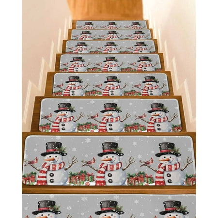 Grey Snowman Christmas Stair Treads for Wooden Steps Indoor Runner Rug Carpet Winter Snowflake Xmas Gifts 15 Pieces Peel and Stick Staircase Step Treads Covers Washable Throw Door Mats 30 x8