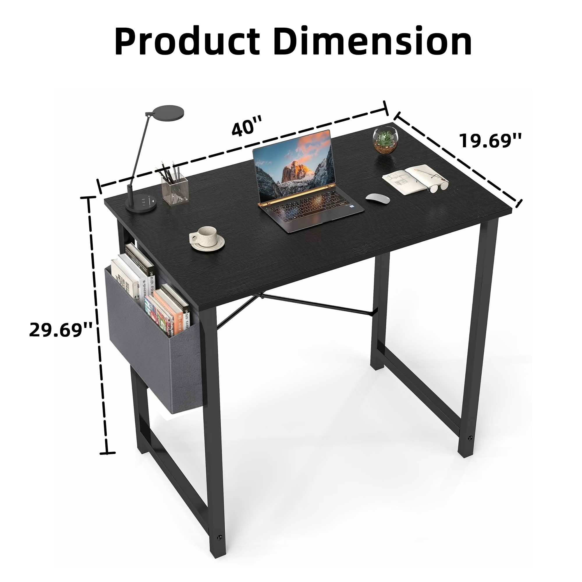 MAYEERTY Office Computer Desk, Fabric Storage Bag, Sturdy Steel Frame & Wooden Tabletop