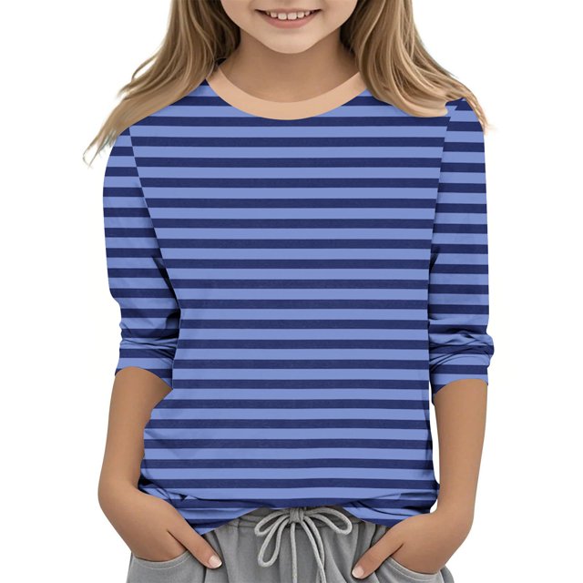 Dealovy Chemises à Manches 3/4 pour Filles Été Col Rond Rayé Habillé Décontracté Imprimé Ample Tunique Confortable
