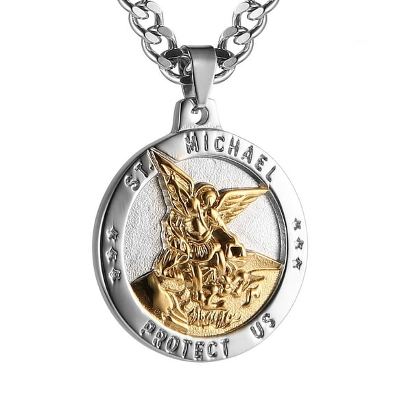 HZMAN St Michael The Archangel Catholic Medal Stainless Steel Amulet Pendant Necklace 22 2" Rolo Curb Chain (Silver & Gold-1)