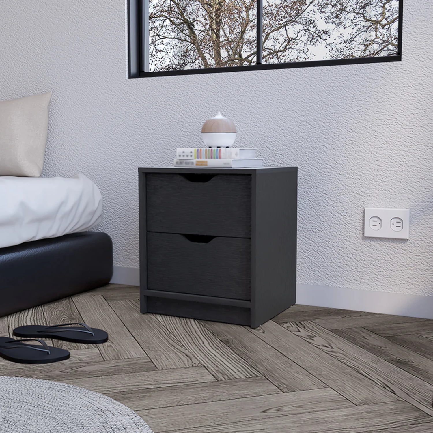HomeRoots 19 in. Two Drawer Faux Wood Nightstand, Black