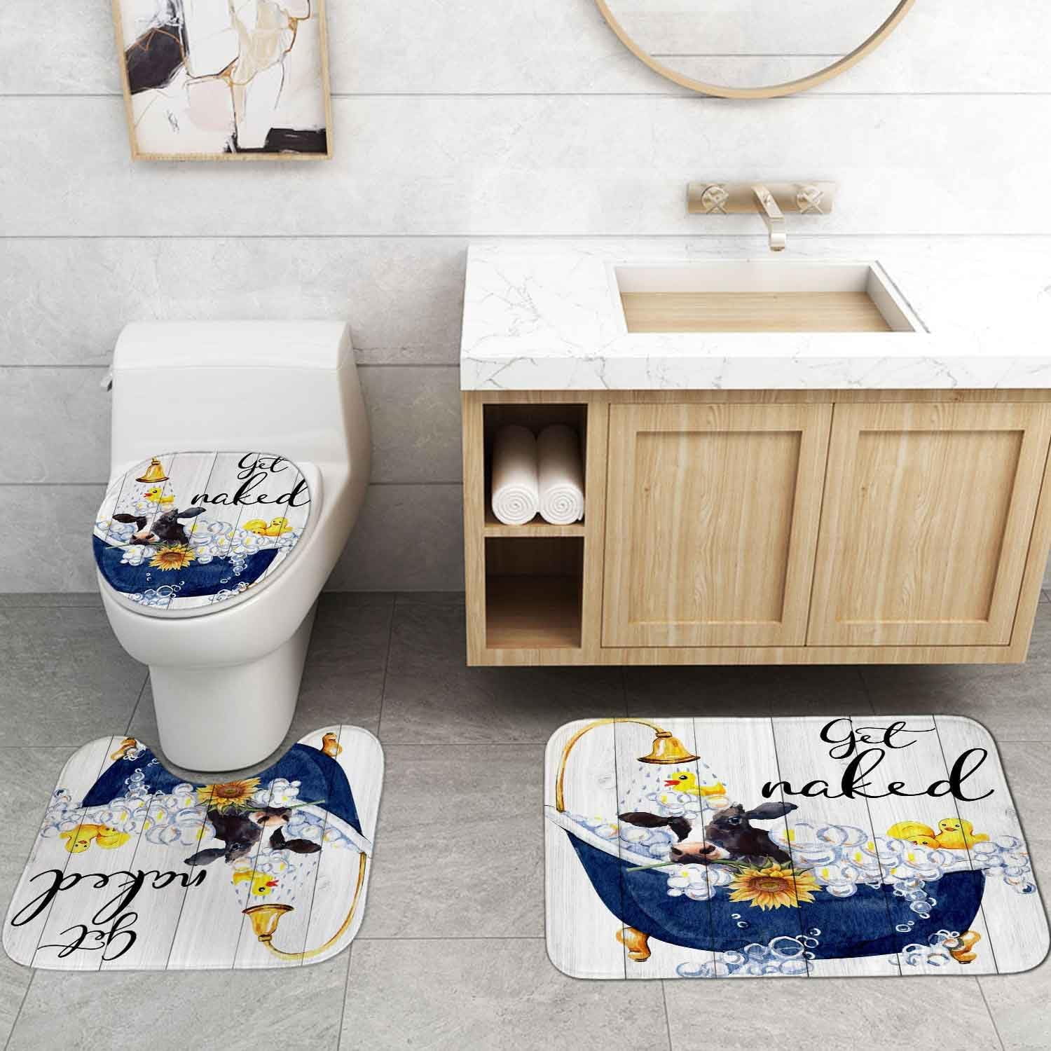 4PCS Funny Highland Cow Shower Curtain Set, Waterproof White Fabric Shower Curtain, Non-Slip Bath Mat Bathroom Rugs Sunflower Floral Farm Animal Western Country Rustic Farmhouse Bathroom Decor